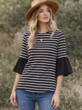 Anthropologie Black and White Striped Bell Sleeve Tee